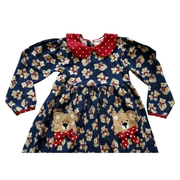 Buster Brown Girls 6X Teddy Bear Dress With Pockets Navy & Red Polka Dot Collar - Picture 2 of 6